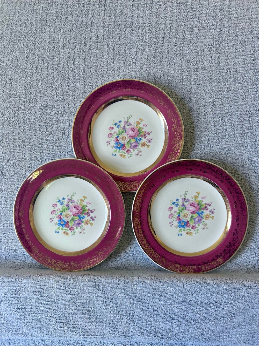 Set of 3 Vintage Salem China Aristocrat Maroon Salad Plates 7” Gold Filigree